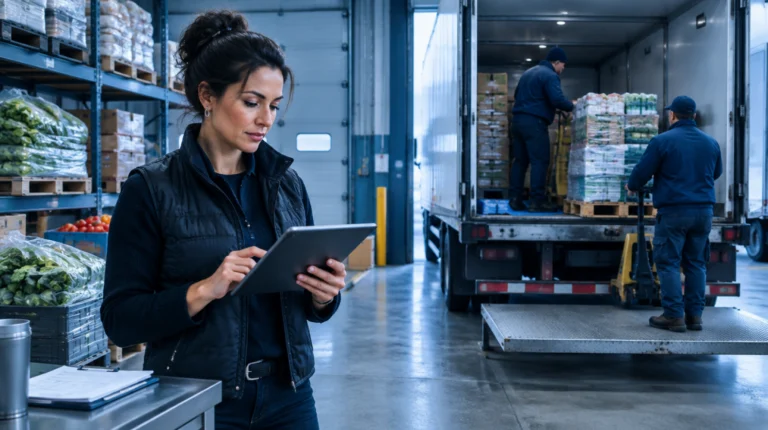 Foodservice supply chain manager using a tablet in a warehouse while workers unload produce.