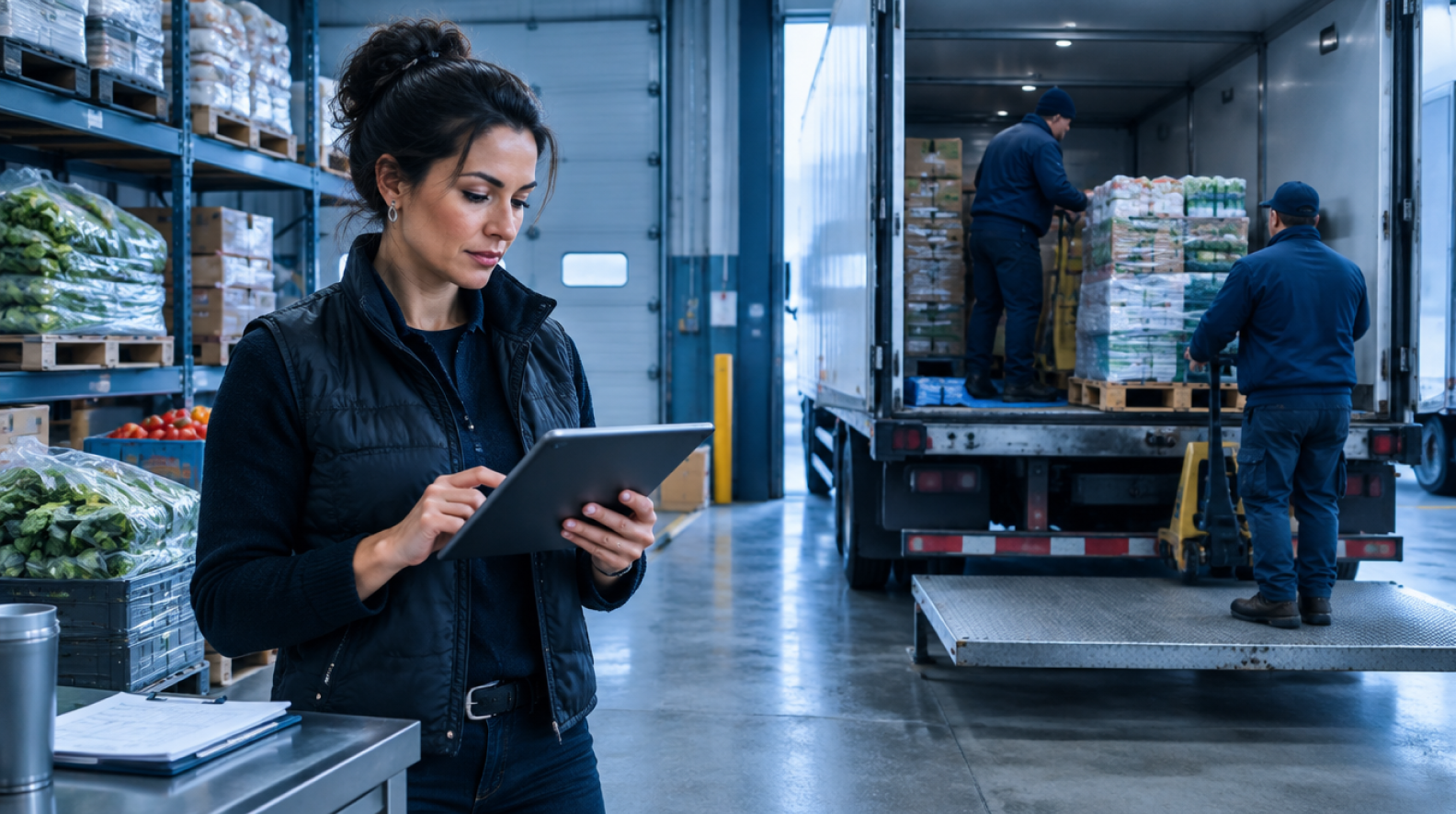 Foodservice supply chain manager using a tablet in a warehouse while workers unload produce.