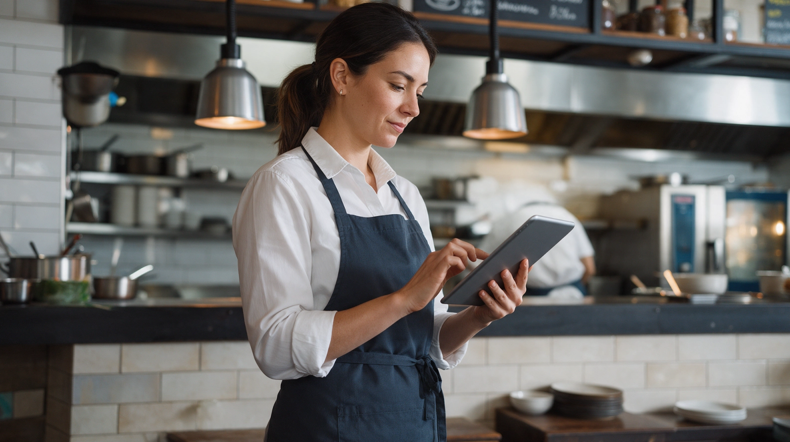 Restaurant operator using foodservice technology to review purchasing and inventory data