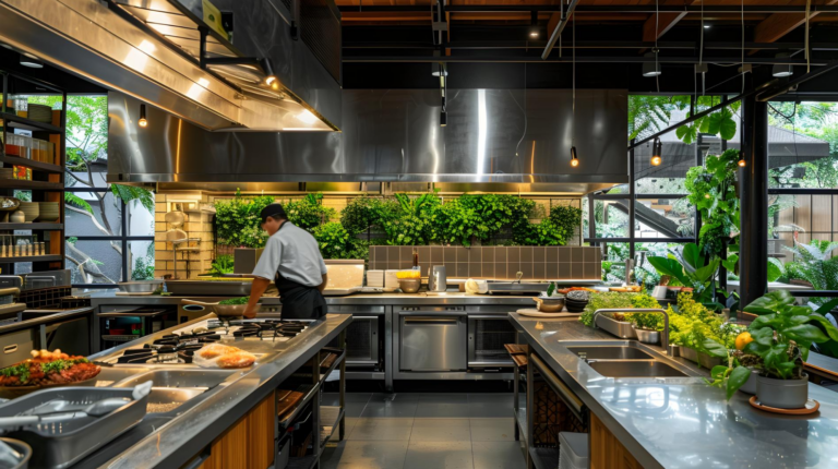Modern commercial kitchen designed for sustainable food service operations