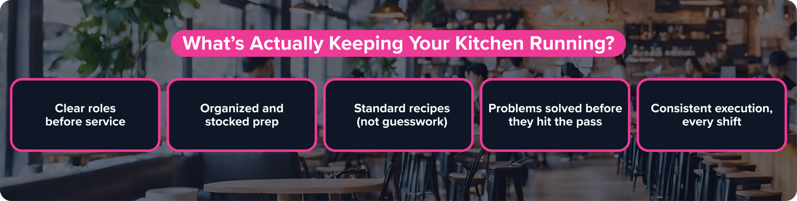 clear roles, organized prep, standard recipes, and consistent execution in a restaurant kitchen