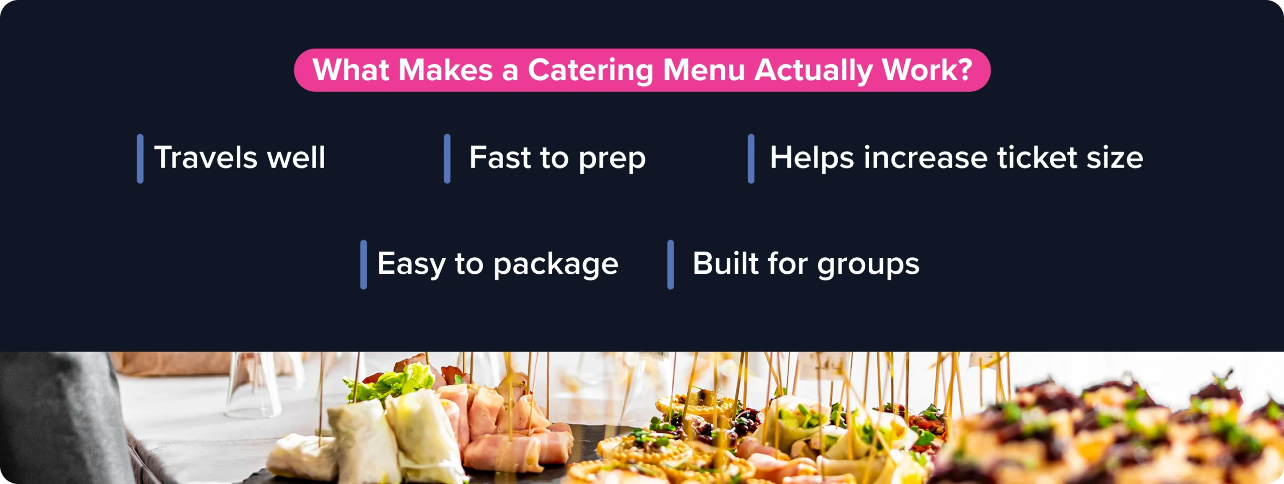 Catering buffet setup highlighting key features of a profitable restaurant catering menu including fast prep, easy packaging, and group-friendly service