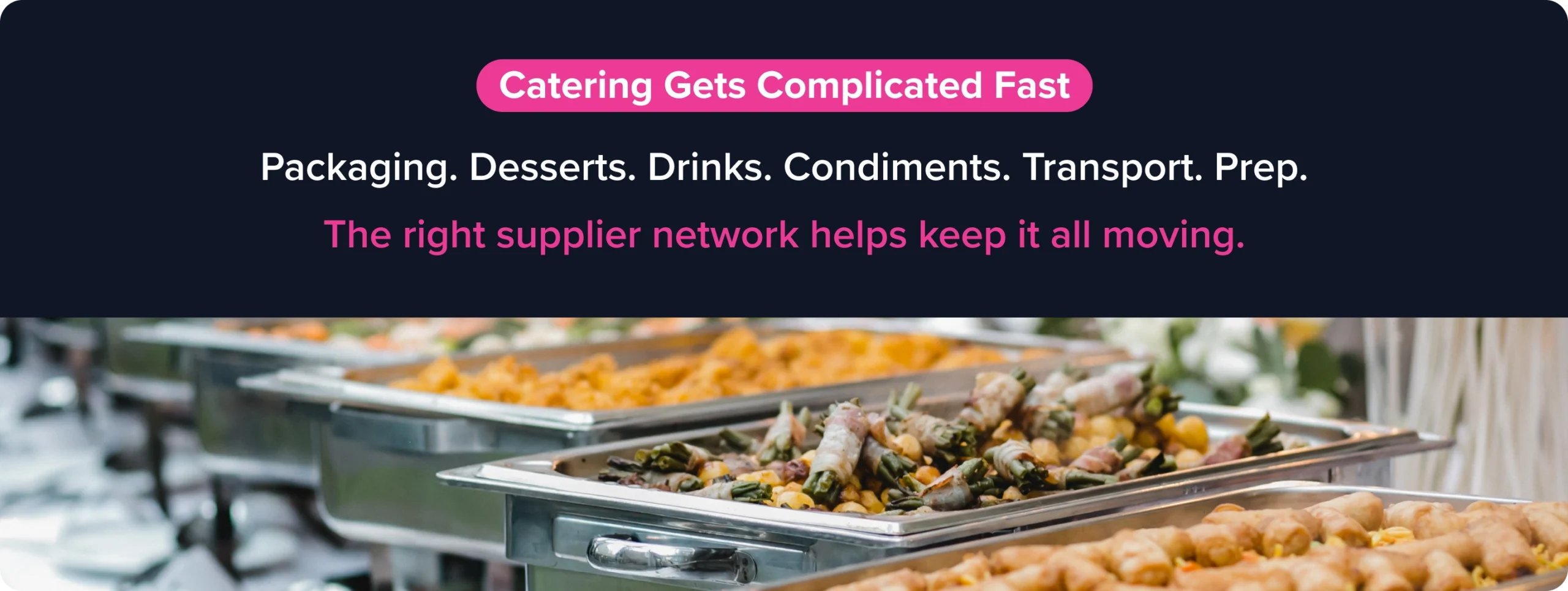 Restaurant catering buffet graphic highlighting packaging, drinks, prep, transport, and catering logistics challenges