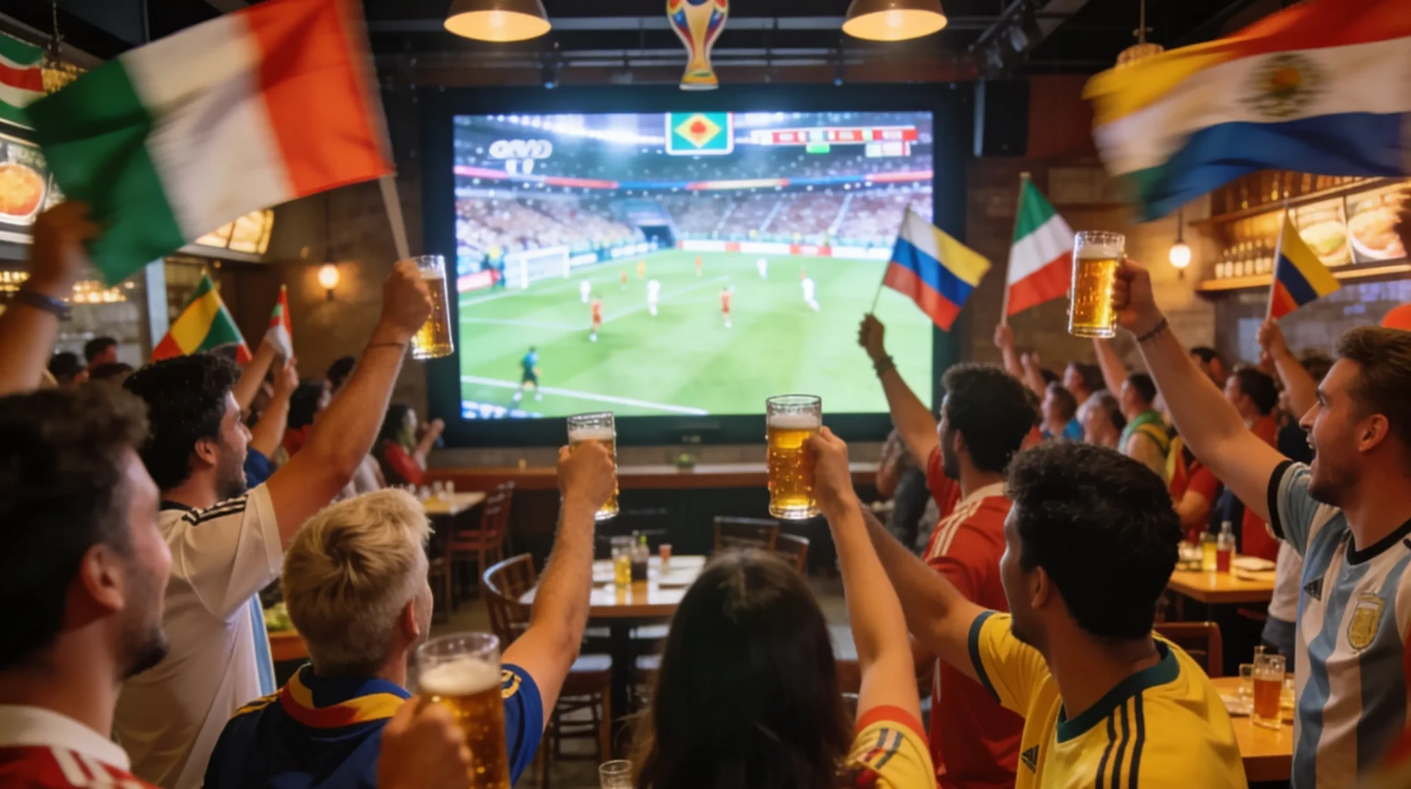 Restaurant guests watching a global soccer tournament while cheering with drinks during a busy game-day dining experience