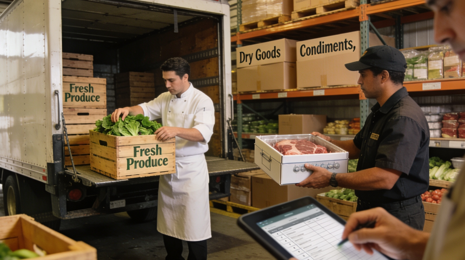 Food distribution workers unloading fresh produce and inventory from a delivery truck in a warehouse