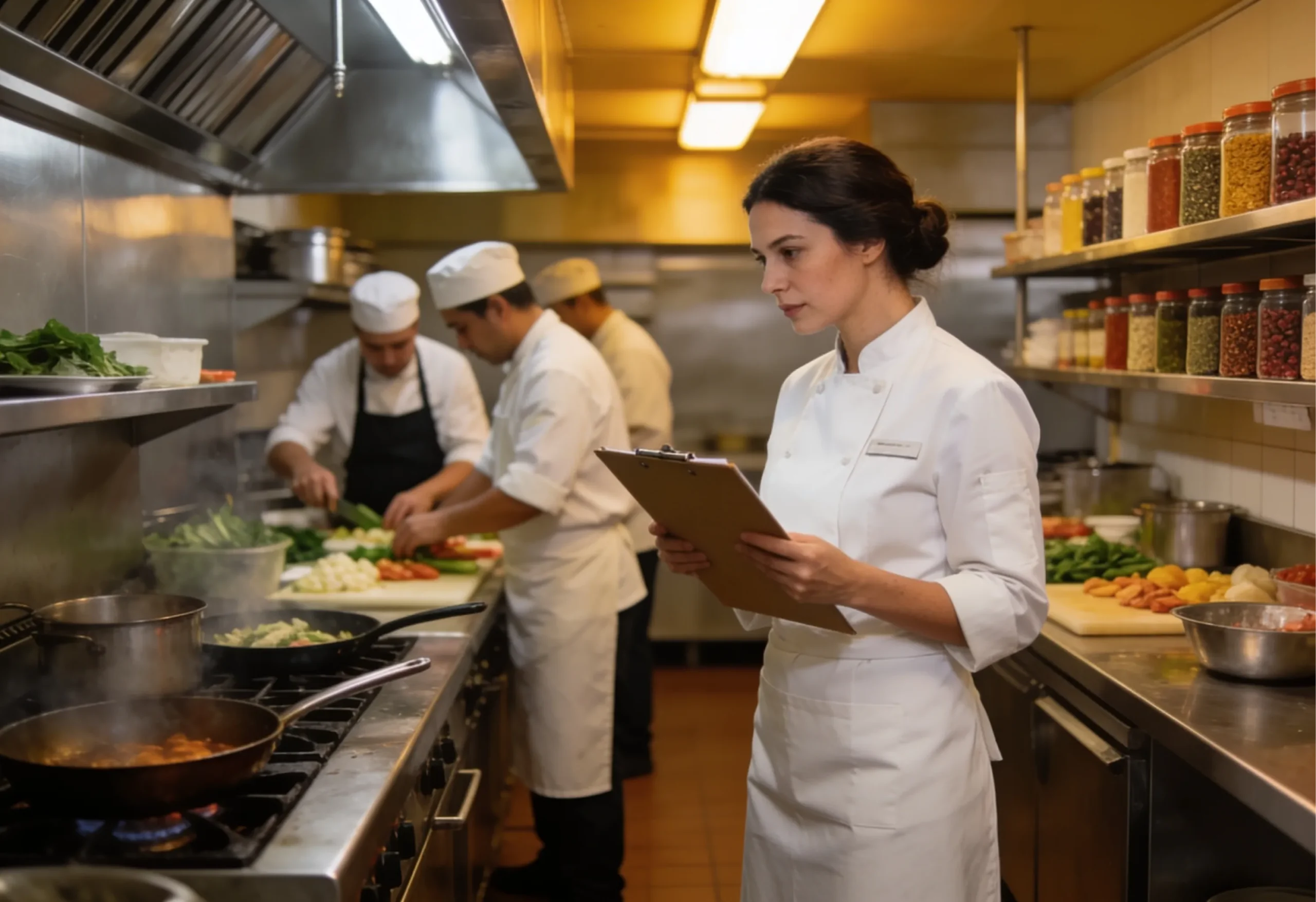 Chef reviews a clipboard in a busy restaurant kitchen while kitchen staff prepare ingredients