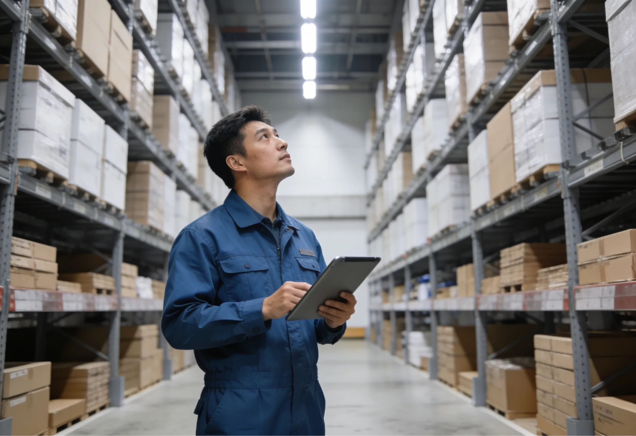 Warehouse employee using a tablet to manage inventory with food distribution technology