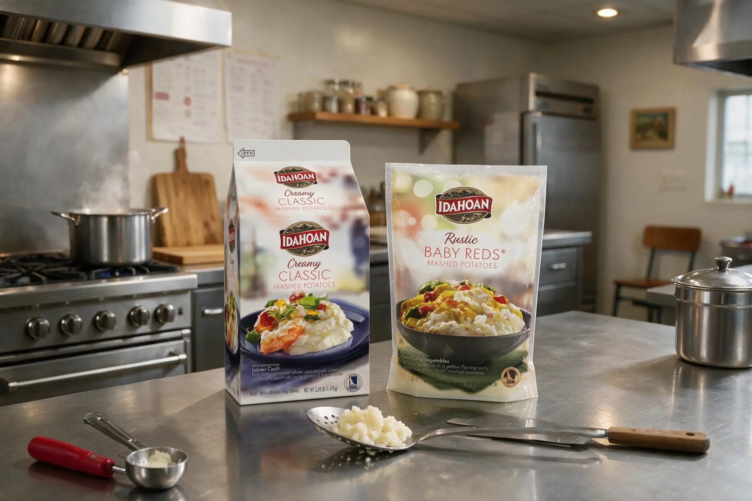 Idahoan Creamy Classic and Rustic Baby Reds mashed potato packages on a stainless steel commercial kitchen counter with a spoonful of prepared mashed potatoes.