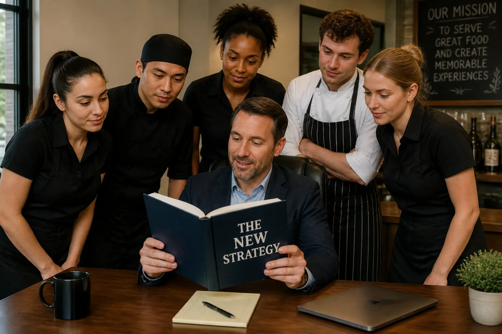 A diverse restaurant management and kitchen team reviewing a "New Strategy" book at a table.