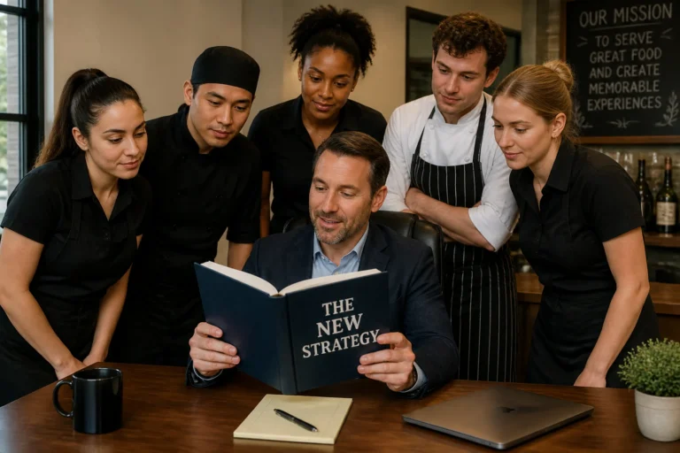 A diverse restaurant management and kitchen team reviewing a "New Strategy" book at a table.