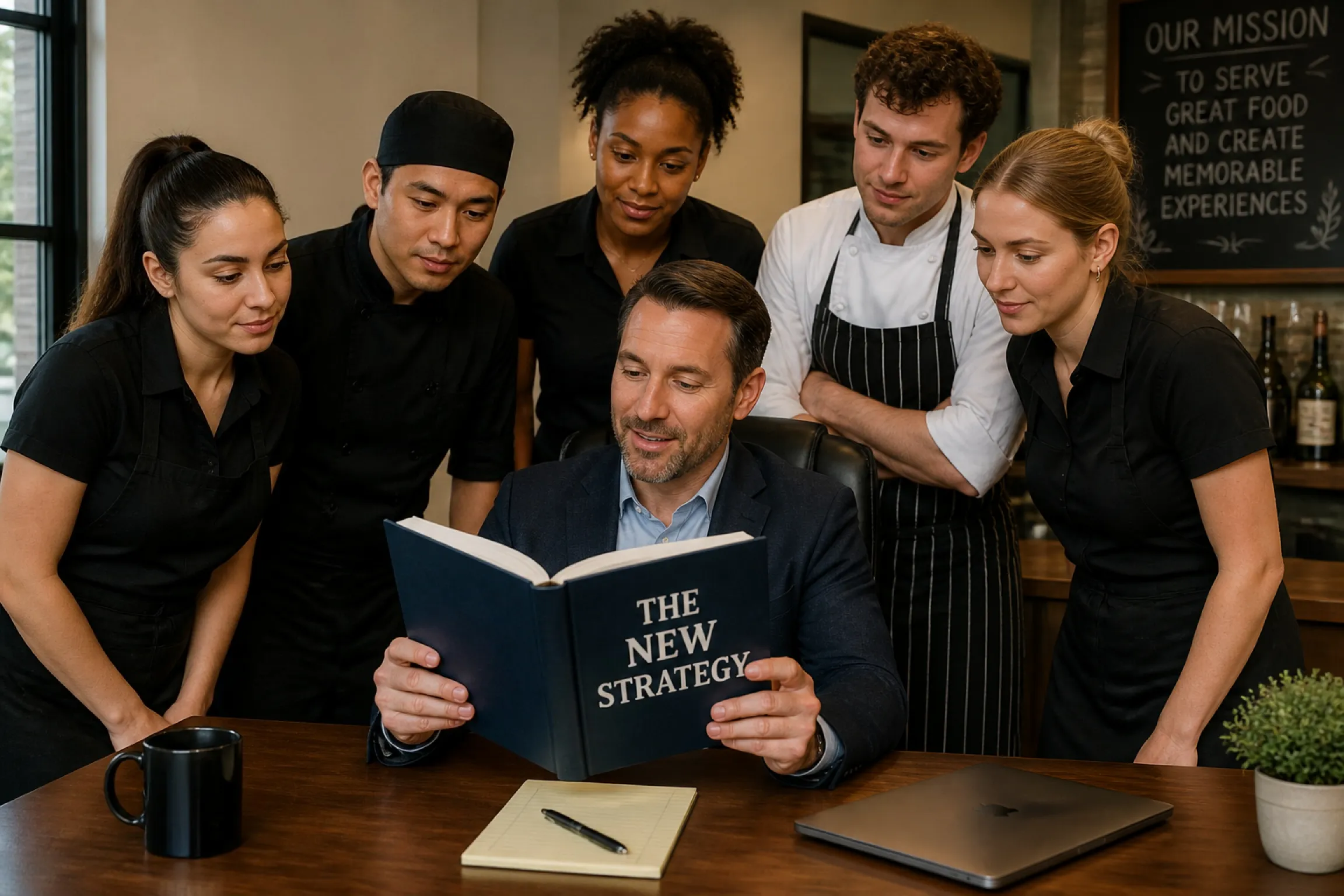 A diverse restaurant management and kitchen team reviewing a "New Strategy" book at a table.