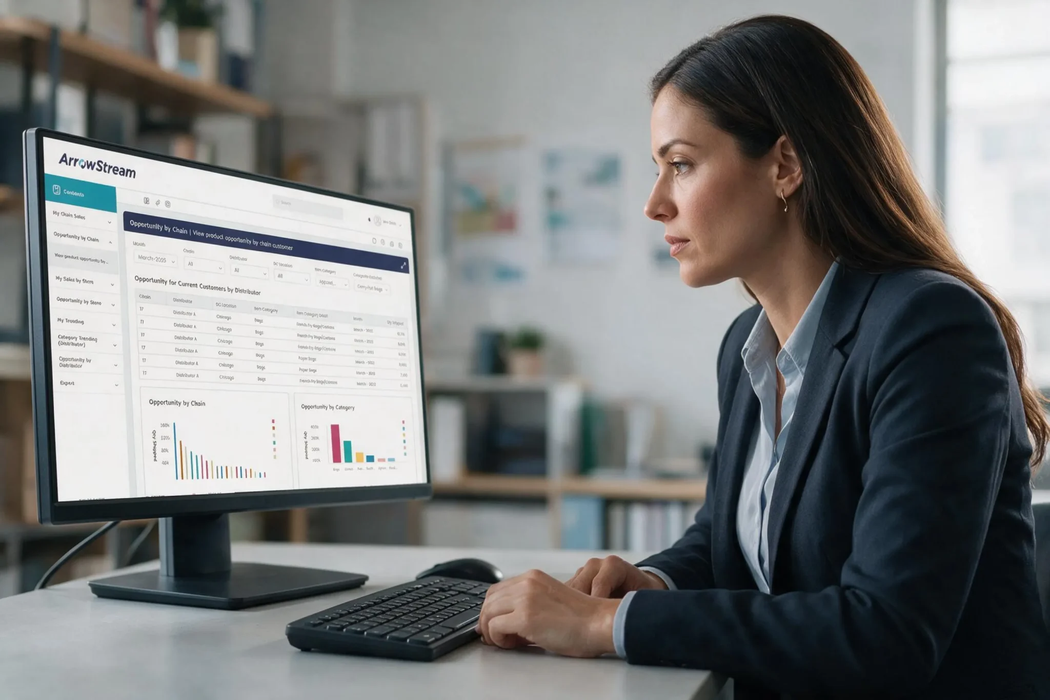 Foodservice professional analyzing sales data and market opportunities with ArrowStream SalesStream