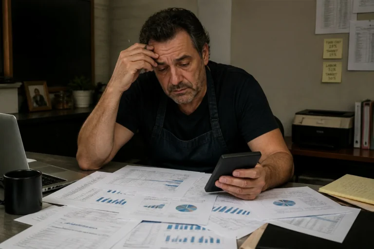 Stressed restaurant operator reviewing financial statements for restaurant budgeting