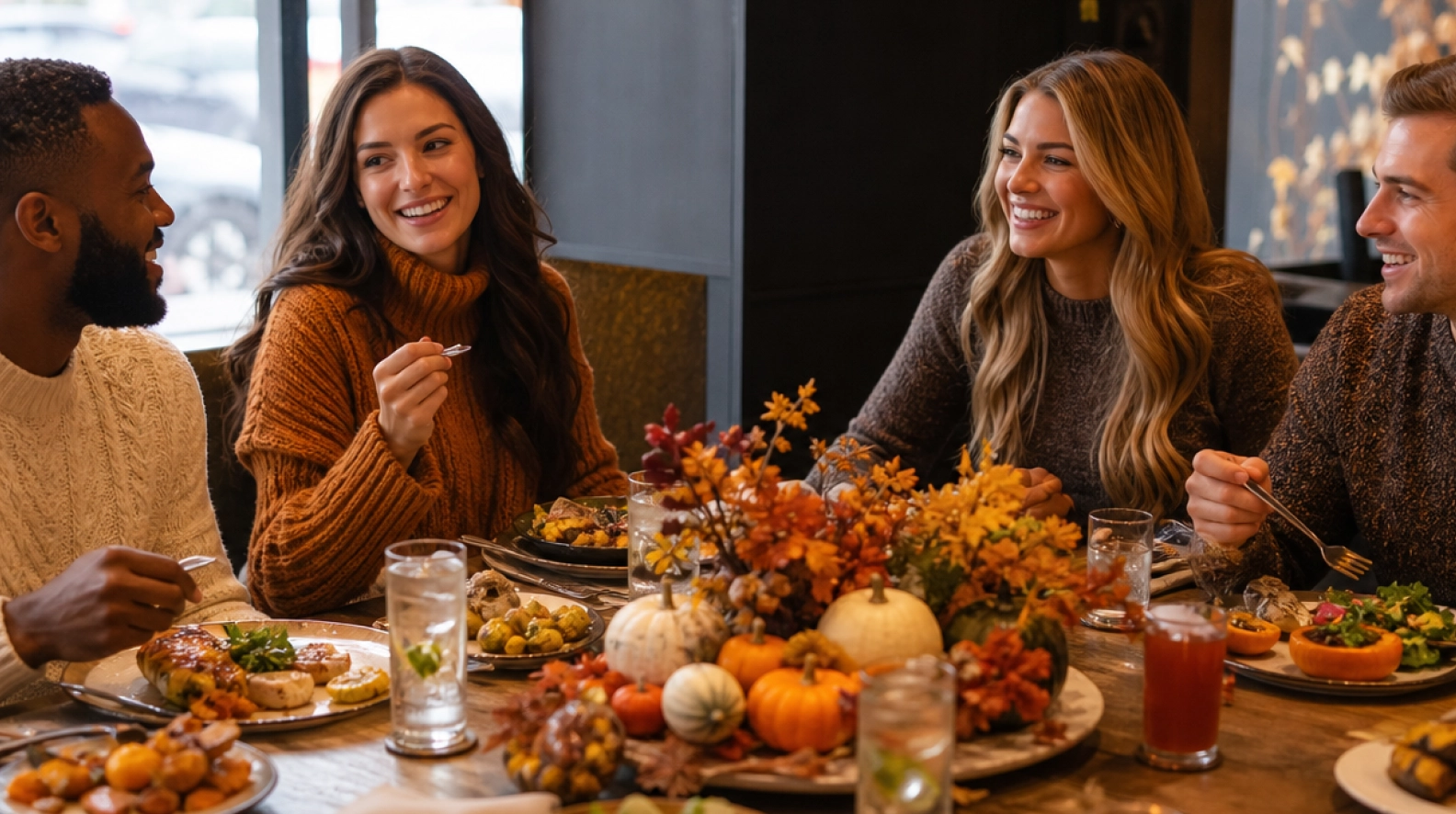 Diverse group of friends enjoying a fall foodservice meal surrounded by seasonal pumpkins and autumn decor.