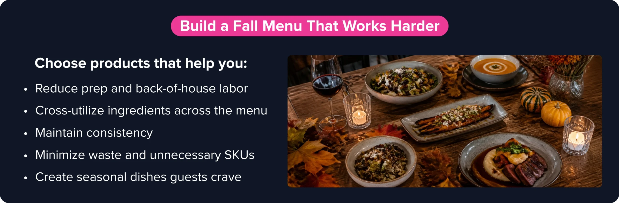 Infographic checklist for building a fall menu that reduces labor, cross-utilizes ingredients, and minimizes waste.