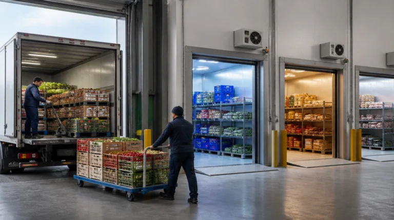 Workers unload fresh produce from a refrigerated truck into a foodservice distribution warehouse