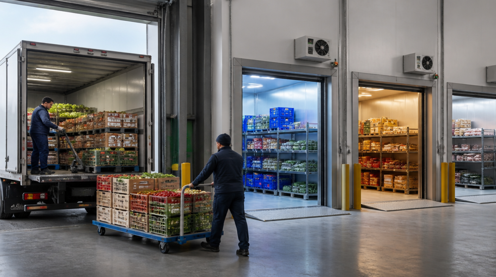 Workers unload fresh produce from a refrigerated truck into a foodservice distribution warehouse