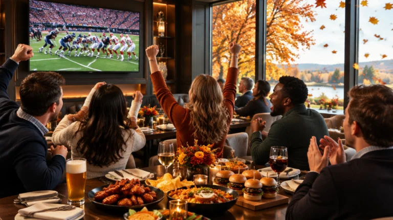 Guests cheer while watching a football game at a restaurant with wings, burgers, and drinks on the table during fall sports season.