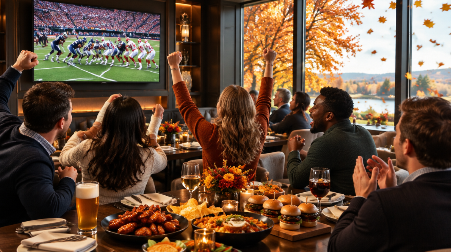 Guests cheer while watching a football game at a restaurant with wings, burgers, and drinks on the table during fall sports season.