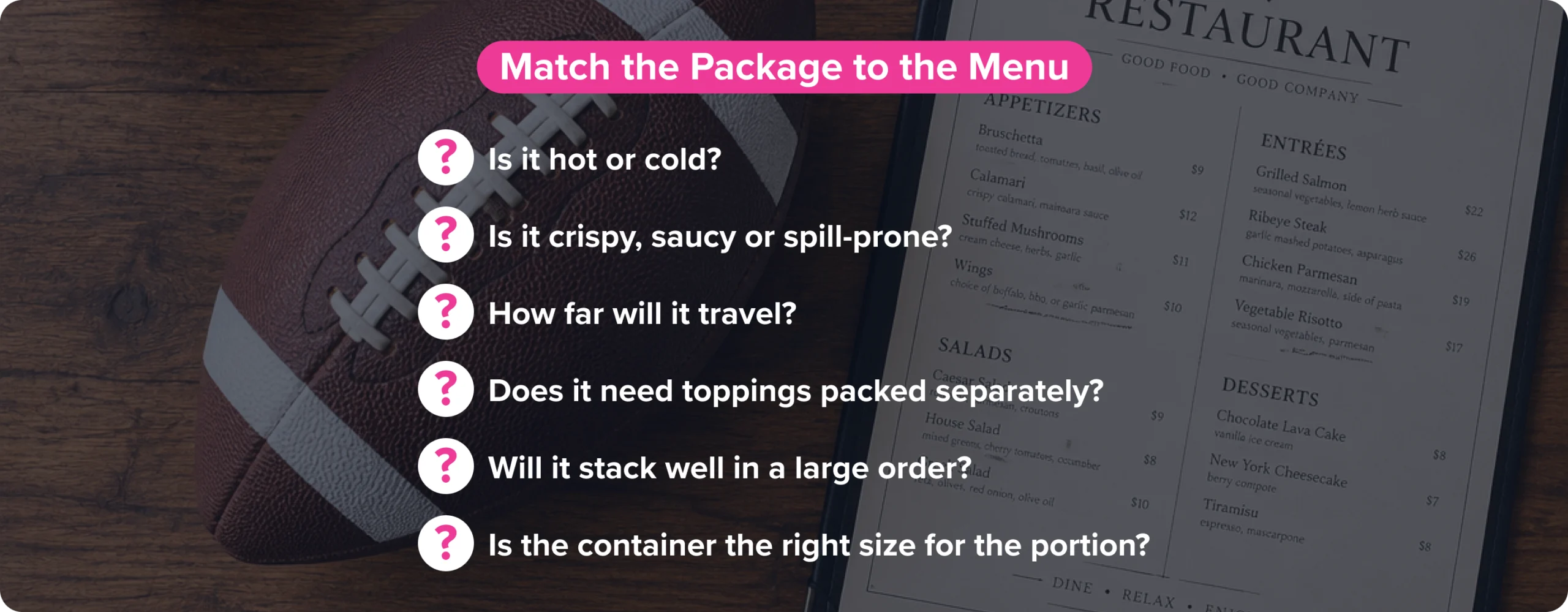 Match the Package to the Menu graphic listing questions about food temperature, texture, travel distance, toppings, stacking, and portion size.