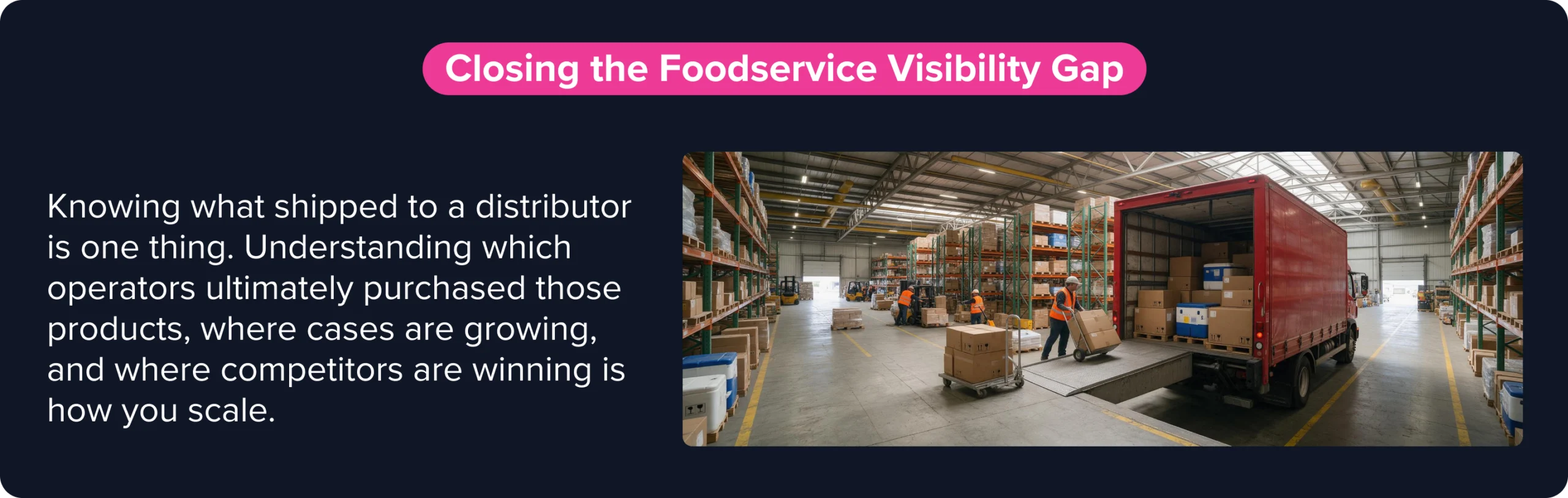 Warehouse loading scene beside text about tracking distributor shipments, operator purchases, etc.