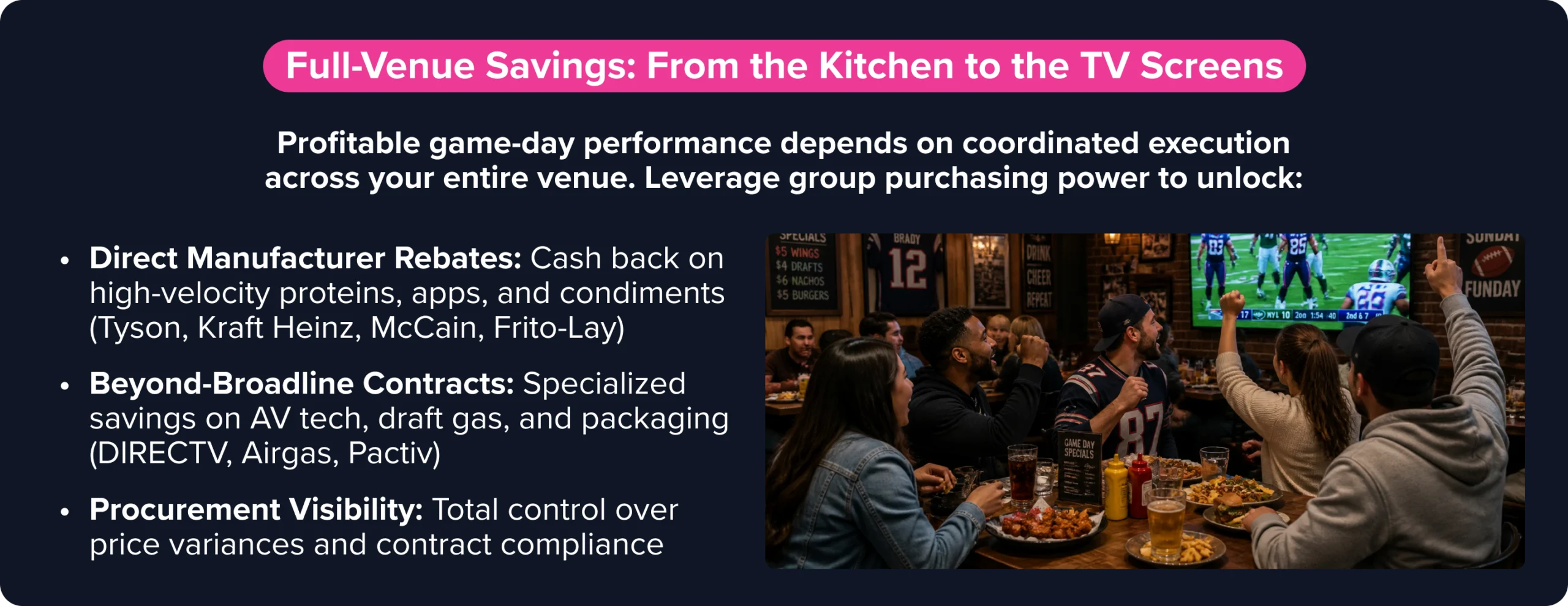 Infographic outlining venue-wide savings opportunities across food, operations, audiovisual technology, and packaging for football season.