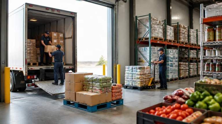 Workers loading a delivery truck with boxed food products at a food distribution warehouse