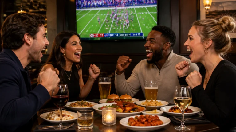 Guests cheer around a table of food and drinks while watching a football game on a TV in a sports bar.
