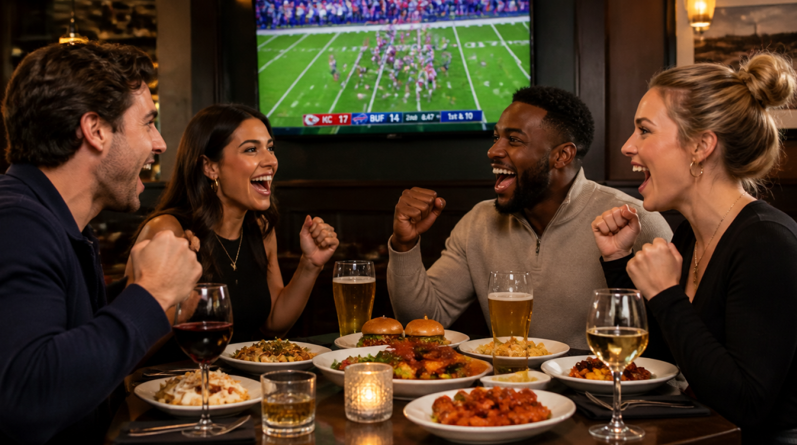 Guests cheer around a table of food and drinks while watching a football game on a TV in a sports bar.