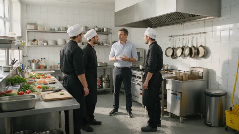 A man in a light blue shirt speaks with three chefs in a commercial kitchen.