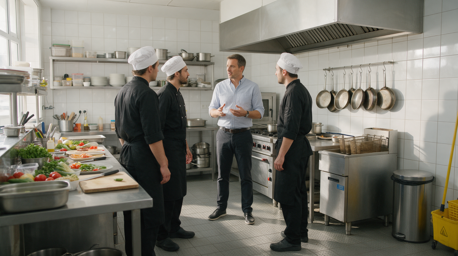 A man in a light blue shirt speaks with three chefs in a commercial kitchen.